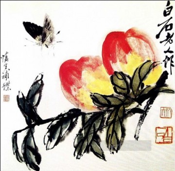 Qi Baishi Painting - Qi Baishi butterfly and peach old China ink